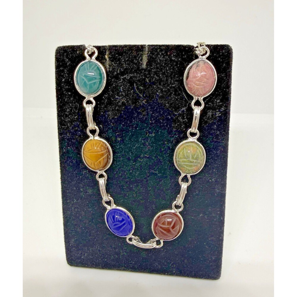 Vintage Egyptian Scarab Bracelet Signed A&Z Ster 6 Carved Stones Rare